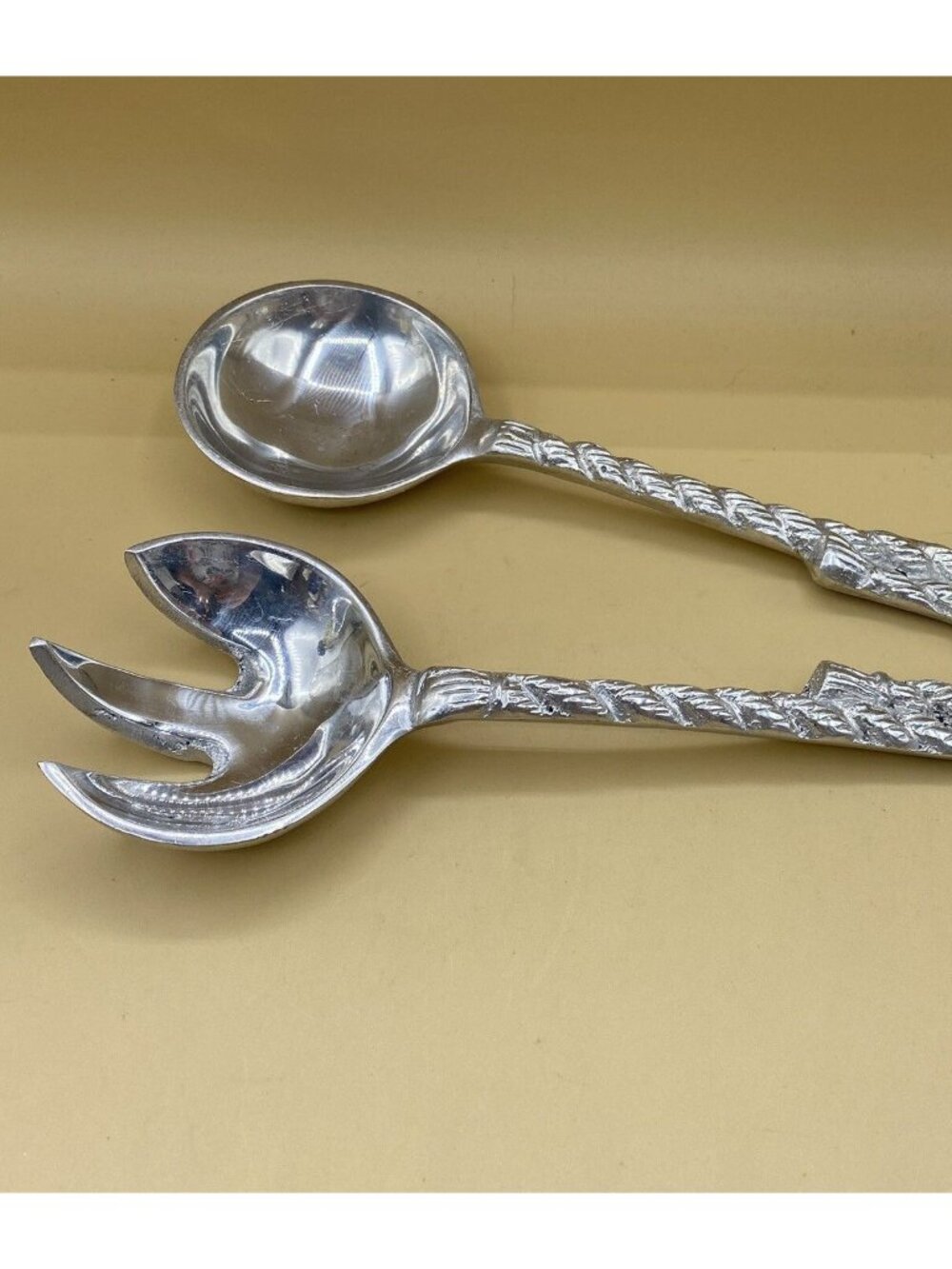 Vintage Salad Server Set Cast Aluminum Fork Spoon Twist Rope Handle Mexico 11”